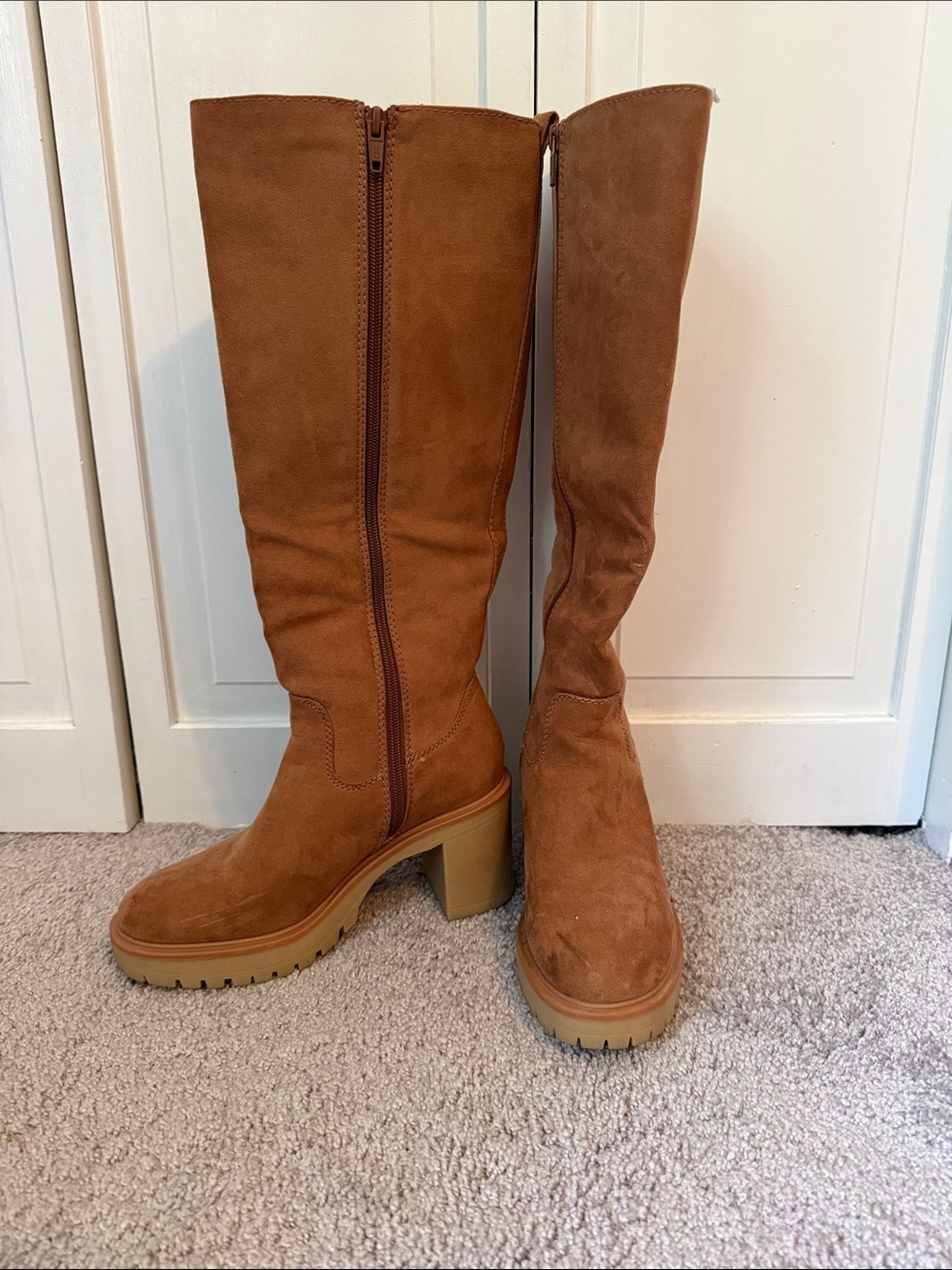 Women's Tall Faux Suede Lug Heel Boots in Camel Color